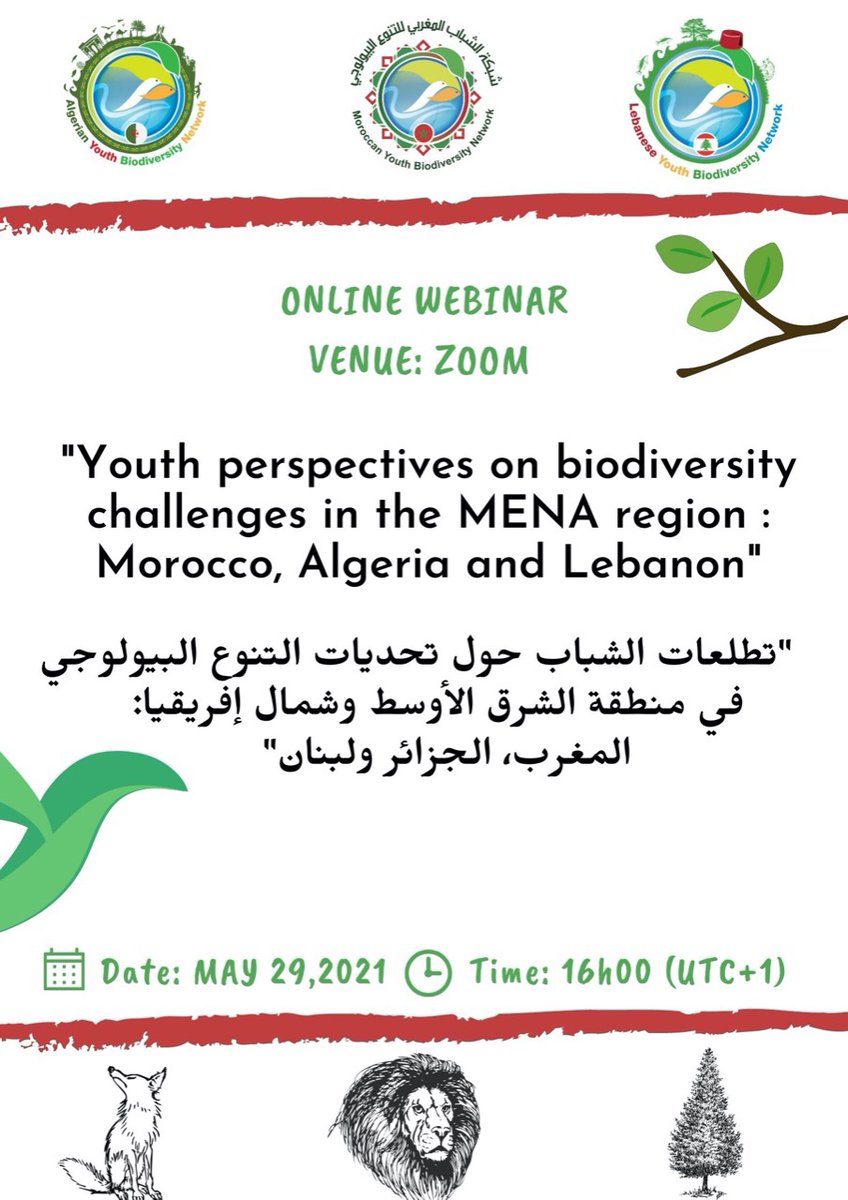 Join @gybn_lebanon , @GYBN_MA & @AlgeriaGybn in our discussions on “Youth Perspectives on Biodiversity Challenges in the MENA Region: Morocco, Algeria and Lebanon” 🗓 May 29, 2021 ⏰ 16:00 (UTC +1) 💻 ZOOM (link in bio)