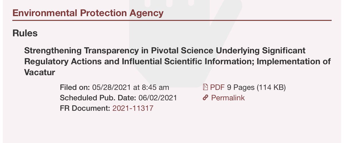 billingspg's tweet image. The @EPA #censoringscience rule is dead.  Long live science. “This final rule is effective May 28, 2021.” federalregister.gov/public-inspect…