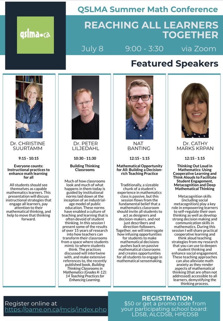oame_qslma's tweet photo. Are you a member of QSLMA or from on of our partnering boards @LimestoneDSB, @HPEschools, @alcdsb? Check out our amazing Summer Math Conference opportunity. Register here: https://t.co/oGOJpmIEQY. After June 11th we will consider opening to the wider math community. https://t.co/I07UbQDUv7