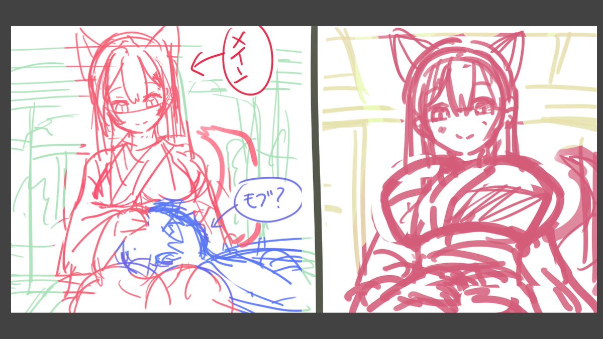 【膝枕】というお題で描くとして、全身描こうとすると左図みたいに真正面からの構図になりやすくて、あと男モブもどこまで描きこむか悩むのよね。全身入れないで自由に描くなら右みたいにメインの描きたい人意外ほぼ画面に入らない構図にする(*'∀`)構図考えるのって難しいよね! 
