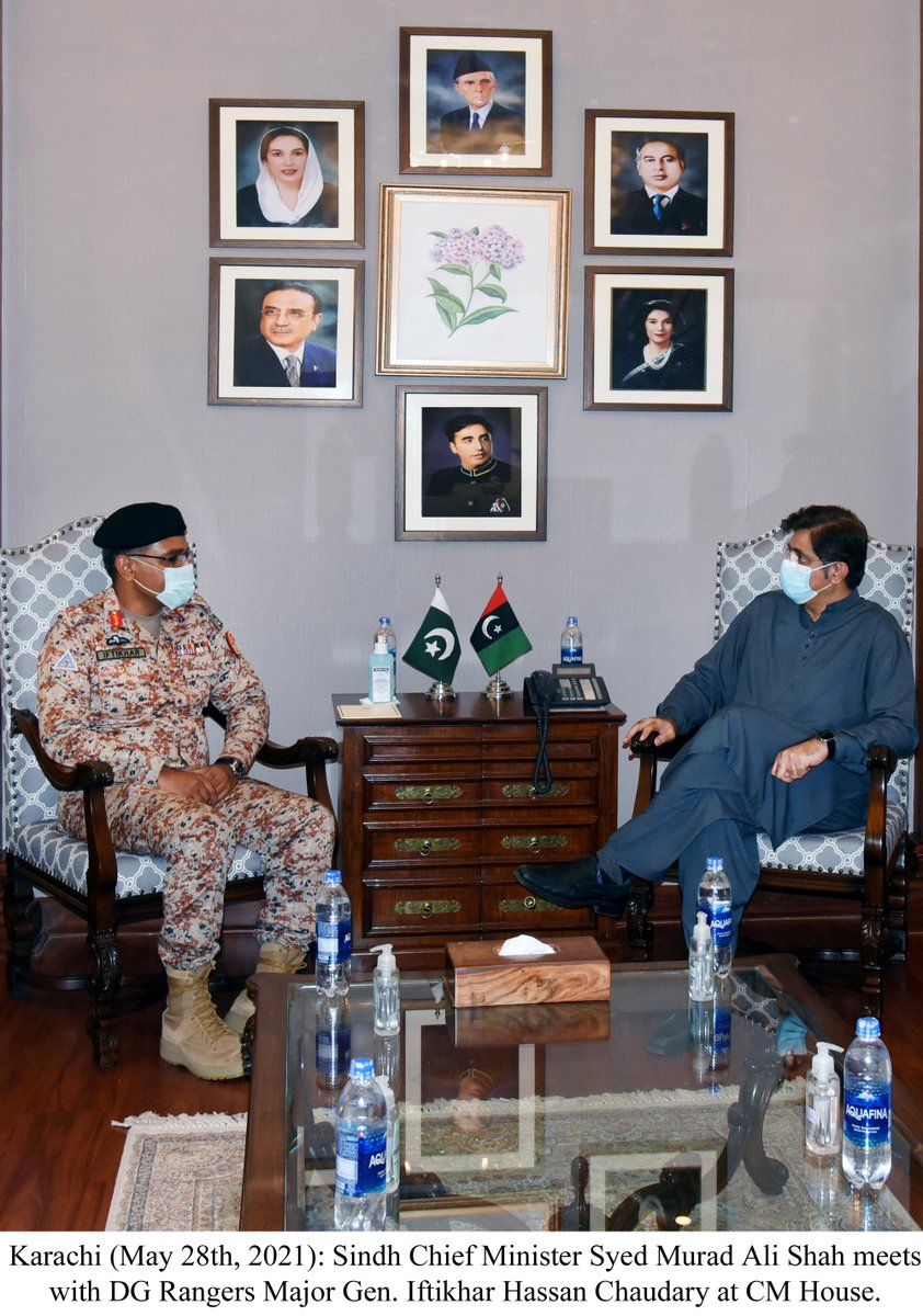 SindhCMHouse's tweet photo. Karachi (May 28th, 2021): Sindh Chief Minister Syed Murad Ali Shah meets with DG Rangers Major Gen. Iftikhar Hassan Chaudary at CM House. https://t.co/vkt6m5ZEBt