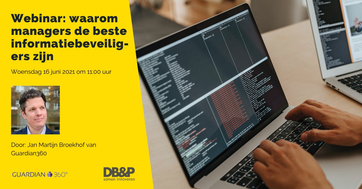 Tijdens het #webinar 'waarom managers de beste informatiebeveiligers zijn' gaat <a href="/JanMartijn/">Jan Martijn Broekhof - janmartijn.eth</a> van <a href="/Guardian360nl/">Guardian360</a> in op de basis elementen van goede #informatiebeveiliging en waarom je het moet benaderen vanuit het perspectief van risicobeheersing. Aanmelden: bit.ly/3bVH4hN