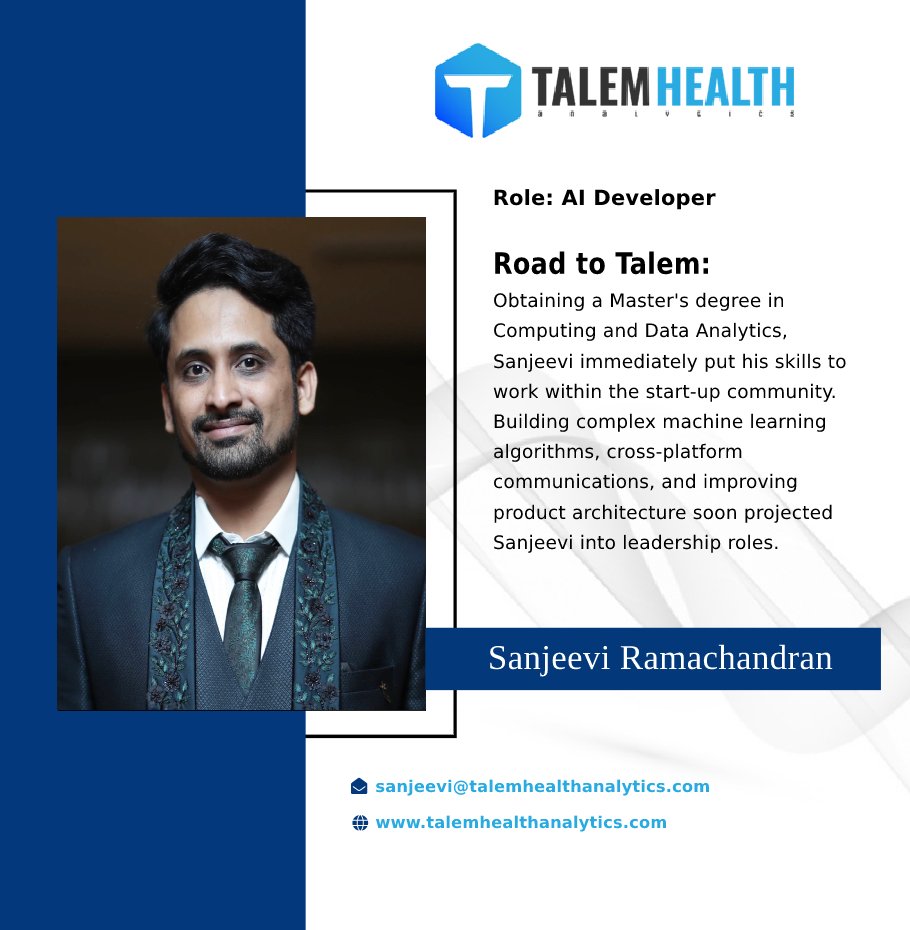 Hungry for new challenges and a determination to solve complex problems brought Sanjeevi to Talem as one of the newest AI developers. Sanjeevi's background, experience, infectious energy and personalty make him a great fit for the Talem team.