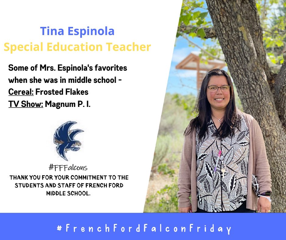 JJackson_HCSD's tweet photo. #FrenchFordFalconFriday
This Friday, our staff highlight is of Tina Espinola! #FFFalcons #hcsdnv  #HCSDcommUNITY https://t.co/A27OCQVTSL