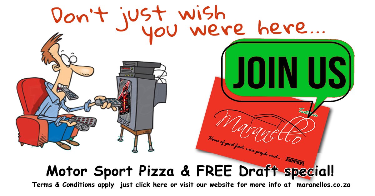 DiGwork's tweet image. Check out this weekend's F1 GP or Moto GP action at Maranellos.
Enjoy the Motor Spot, Pizza &amp;amp; FREE Draft Special while F1 events are on.
Trattoria Maranello on the Melkbos beach front.
Terms and conditions apply as seen on our website.
Click 
Maranellos.co.za