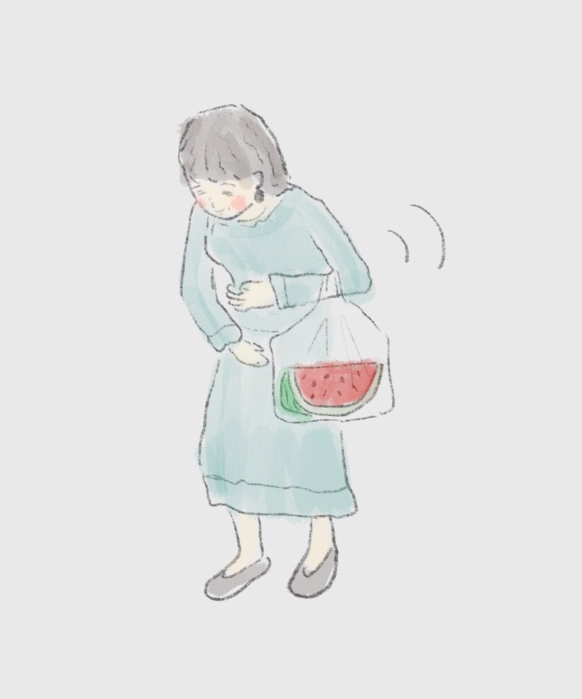 透明な袋に入ったスイカを抱えた人がいた どこかの果物屋さんで買ったんかな た しのイラスト