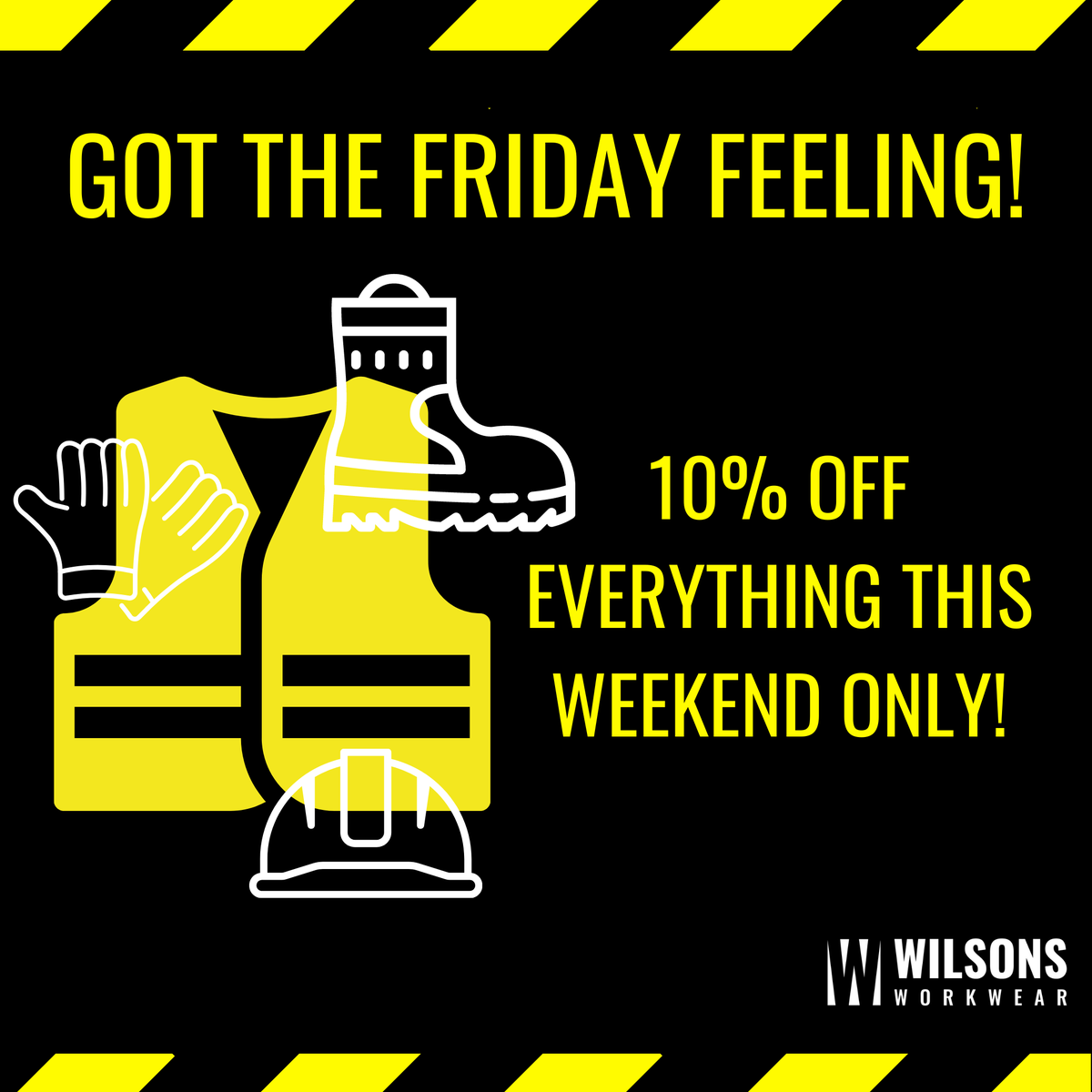 WilsonsWorkwear's tweet photo. 💫WE GOT THAT FRIDAY FEELING! 

Made even sweeter that its a BANK HOLIDAY WEEKEND! 🙌
Let's get our weekend on with 10% OFF EVERYTHING THIS WEEKEND ONLY! 

Discount applied at checkout! 

Shop Now: https://t.co/77IFHbSa6x

#bankholiday #weekend #wilsonsworkwear https://t.co/DQHrT8lJZ7
