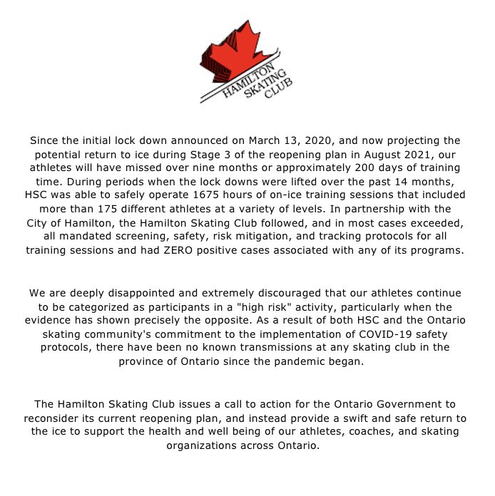 HamiltonSkating's tweet image. The following statement has been issued by the Hamilton Skating Club in response to the Ontario Government’s Roadmap to re-open released on May 20, 2021. 
We stand together with other Skating clubs and schools in Ontario for a swift and safe return to the ice.