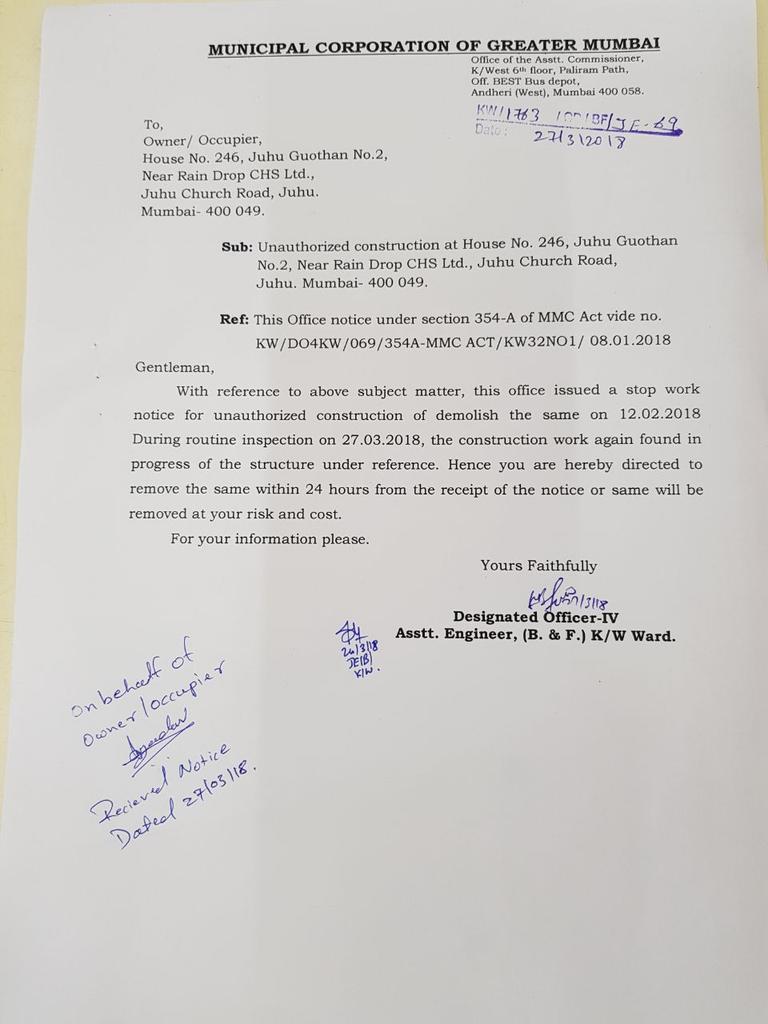 ParagMhatre's tweet photo. against the house owner: 246. 
Add: Juhu gowthan no 2, near raindrop CHS, Juhu church road, Juhu K west, Mumbai:400049 https://t.co/uFSzQ1dSk9