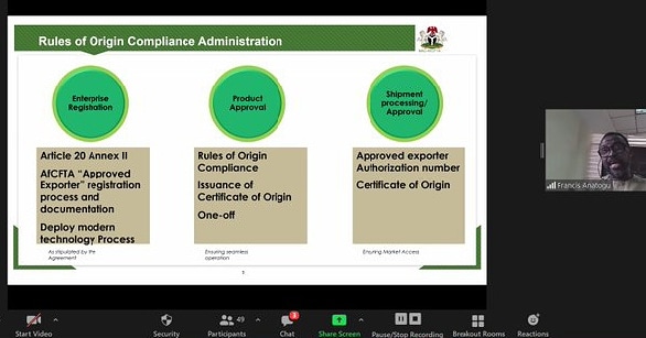 We developed a model to tabulate and collate rules of origin for Nigerian manufacturers and intending exporters.

We will soon start conducting user testing with some companies across the SMEs spectrum, before we completely automate the certification process. - <a href="/FrancisAnatogu/">Francis Anatogu</a>
