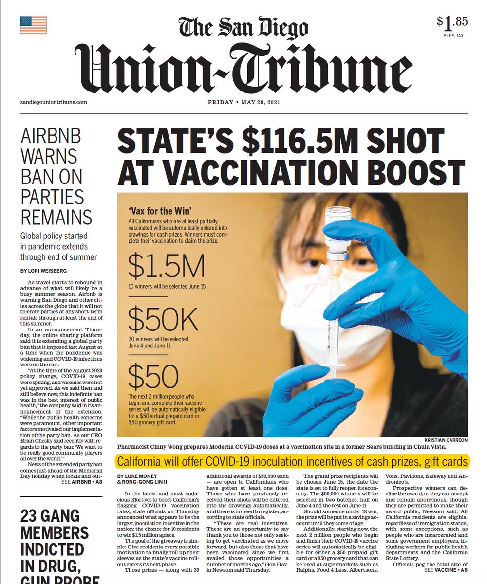 EricTopol's tweet photo. The US has gone from the most expensive healthcare in the world to giving potentially lifesaving vaccines out for free to now giving hundreds of millions of dollars for people to take the free vaccines. Surreal. https://t.co/tZA7t8Nk1B