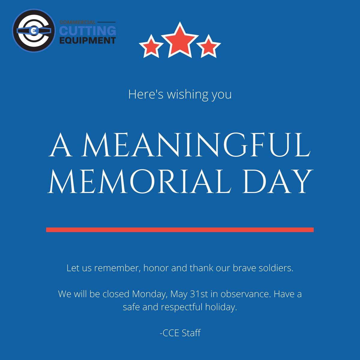 commcuttingeq's tweet image. We will be closed Monday, May 31st for #memorialday. Thank you to all the men and women who have served our country and made the ultimate sacrifice for our freedoms. We hope everyone has a safe and respectful Memorial Day. #cce #memorialday2021 ❤️🤍💙