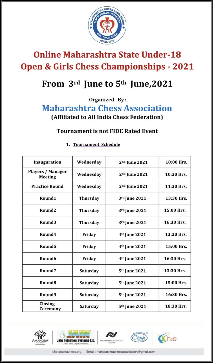 MahaChess's tweet photo. Re-Starting Chess, we start the Monsoon with the State Selection Championship, with the first U-18 on June 3 - 5 followed by the Nationals

Please register for First Online State Championship, a new chapter in History of Chess 

#ChessFirst #LetsReStartChess 

@vishy64theking https://t.co/FRGE2fN2ba