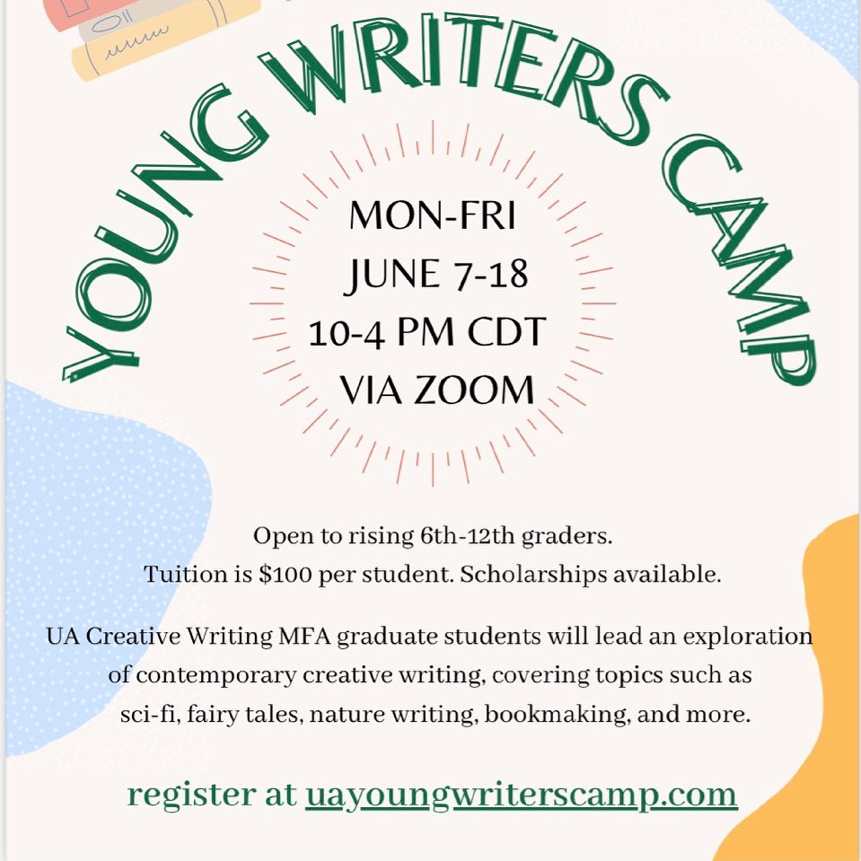 kwoya_f_maples's tweet image. Y’all. U of Alabama is offering a virtual creative writing camp for 6th-12th graders, taught by current MFA’ers. #creativewriting #WritingCommunity