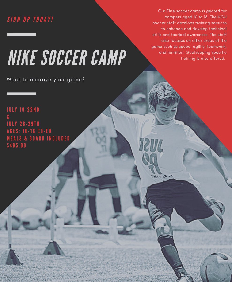 ‼️ATTENTION ‼️

THE Nike National Soccer Camp is going to be hosted right here at NGU!

Don't forget to sign up now:
ussportscamps.com/soccer/nike/ni…

Don't miss this opportunity to improve your game!!

#NGUWS #nikesoccer