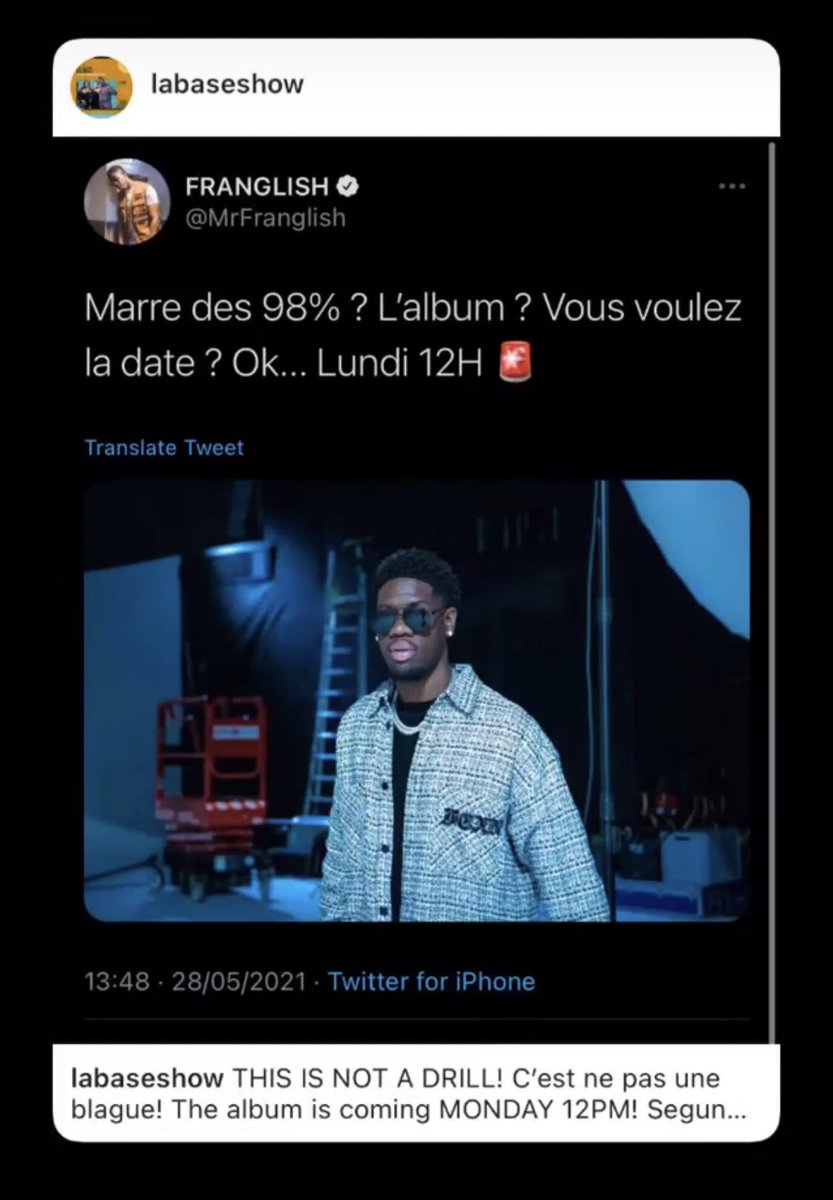 LaBaseShow's tweet photo. THIS IS A DRILL GUYS! The album is out on! @MrFranglish will be dropping the LONG AWAITED album on Monday @ 11AM GMT! Tune into #LaBaseShow on Wednesday where itโll be Franglish day https://t.co/uZwVxwB1sk