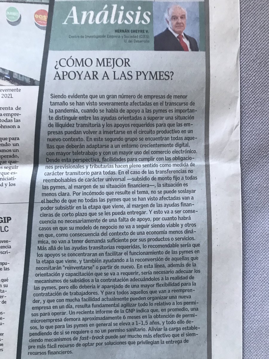 Más allá de ayudas transitorias, los apoyos a pymes deberían concentrarse en facilitar su reinserción en el circuito productivo: Adecuar para ellas el subsidio a la contratación, mayor flexibilidad en los nuevos contratos, fast track para obtener los permisos de funcionamiento.