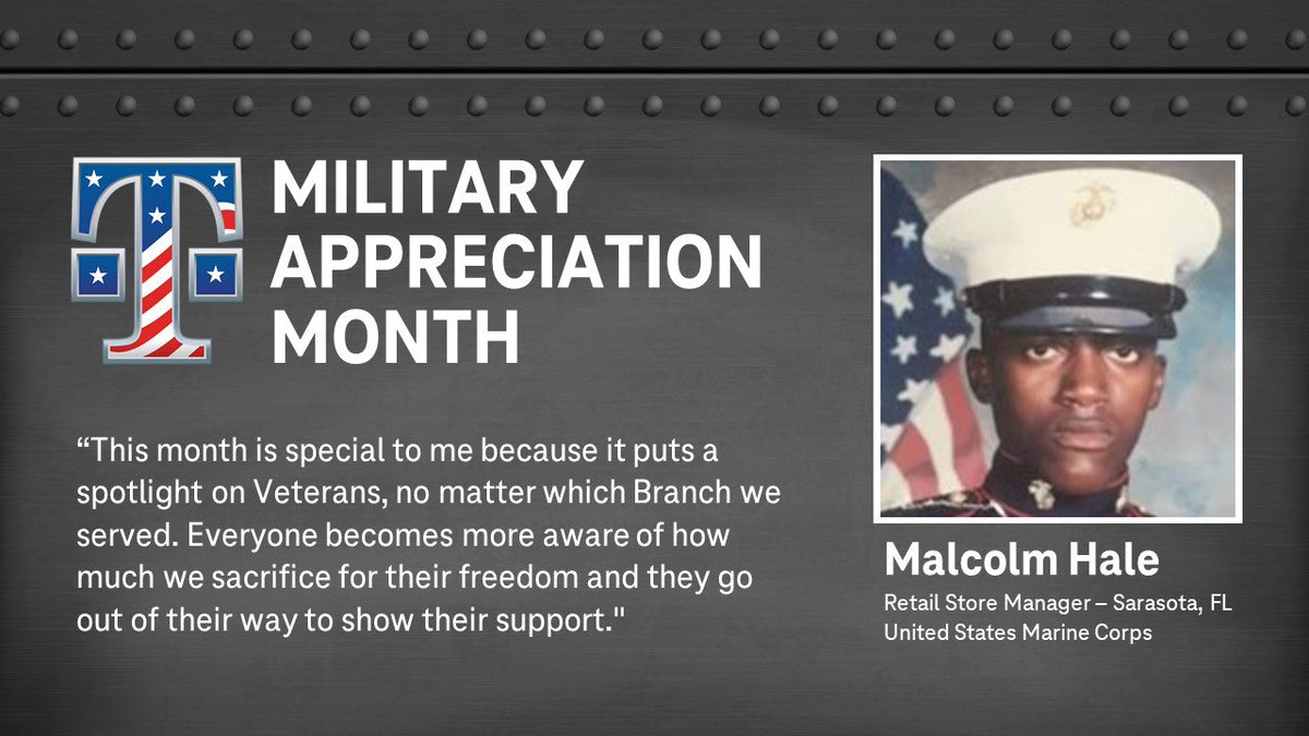 .<a href="/HaleMalcolmX/">Malcolm Hale</a>’s proudest moment while serving in the USMC was a Peace Keeping mission in Somalia, where his unit distributed basic necessities to those in need. Helping others brings him joy &amp; makes him a great leader at <a href="/TMobile/">T-Mobile</a>! Thank you for your service, Malcolm!