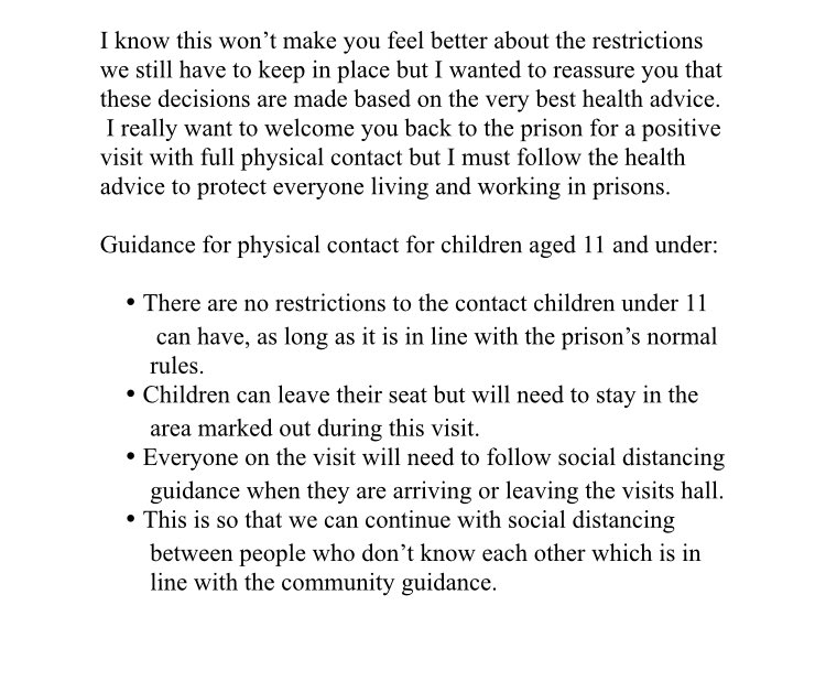 Please see guidance circulated today around visits. We are grateful for everyone’s cooperation now and through what has been a very challenging period. We look forward to the lifting of restrictions when safe to do so. Thank you 🌈