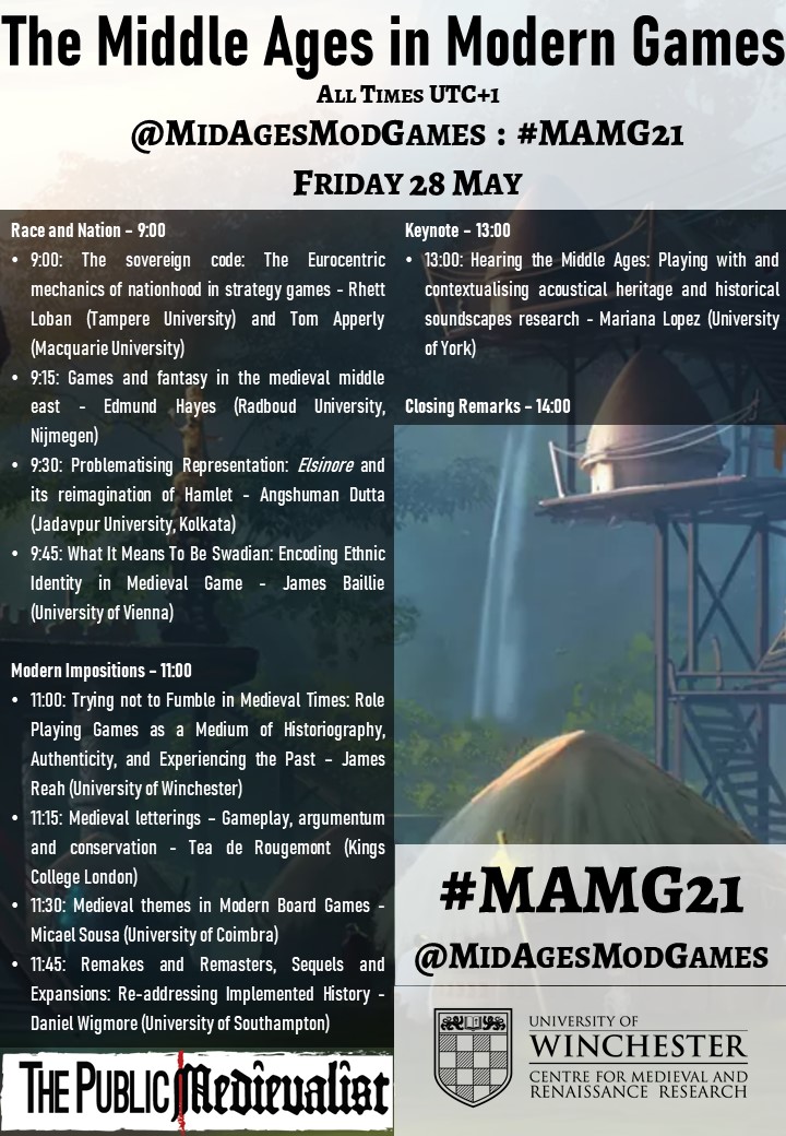 1/12 And that draws this year’s Middle Ages in Modern Games conference to a close. Thanks to all of our speakers for such an awesome event! We’ll be posting a mega-thread of all the papers next week, but for now here’s today's summary. #MAMG21 #MedievalTwitter