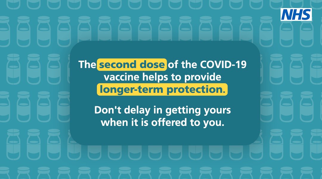The NHS are bringing forward second doses of the #CovidVaccine for people who are at greater risk of getting seriously ill from COVID-19 and those over 50 who haven't had their second dose yet. The NHS will contact you at the right time to tell you how to book an earlier date.