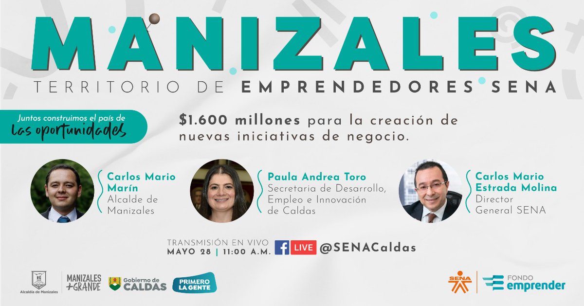 SENA_Caldas's tweet photo. 🇨🇴🙋🏽‍♂️Buscamos a los mejores emprendedores de #Manizales para construir juntos el país de las oportunidades. Son $1.600 millones de capital semilla para sus ideas de negocio.  ✅📲¡Conéctate! 🗓️28 de mayo ⏰11:00 a.m.  🔗https://t.co/pmm2EGcHhU #EmprendedoresSENA https://t.co/5fuxyUDqrV
