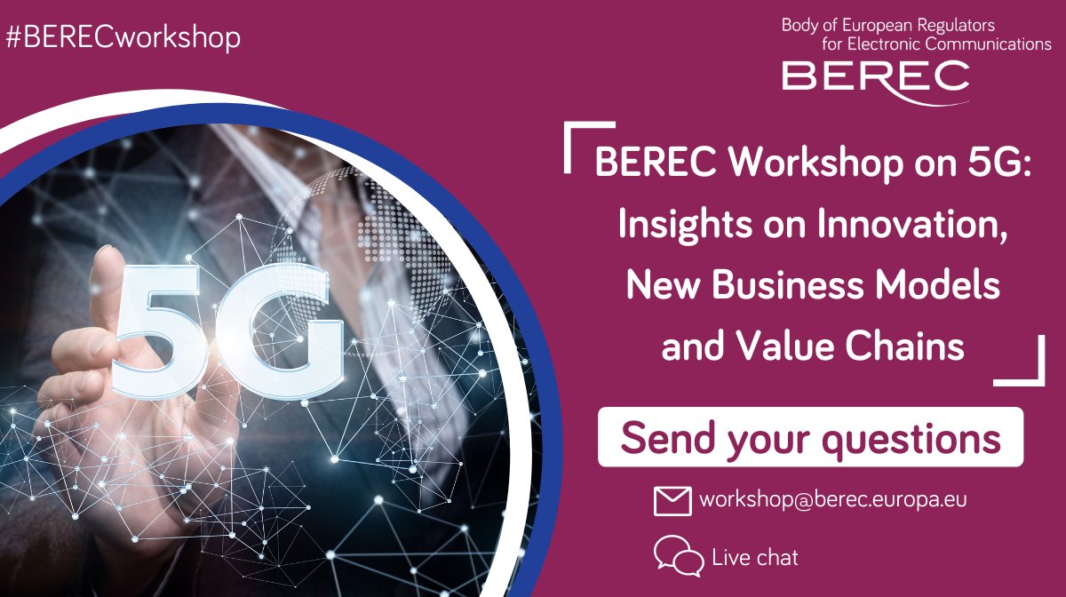 BERECeuropaeu's tweet photo. First session of the #BERECworkshop on #5G▶️effects of trends in the #5Gecosystem & business model development on competition
Send your questions
-In the registration form
-Via email to workshop@berec.europa.eu
-live chat during the event
More➡️https://t.co/PqLnlGHzJe
#telecoms https://t.co/HaCdZGaWWw