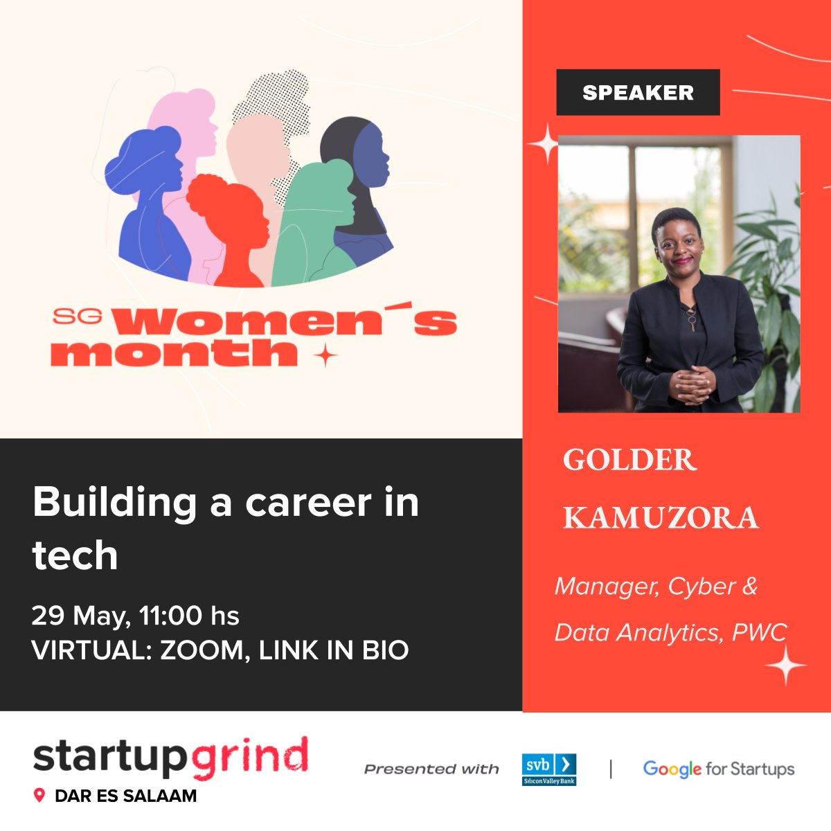2nd #SGWomen Month event: we are hosting Golder Kamuzora! She'll be talking all about her experience as a woman in tech all the while touching tech gender gap, imposter syndrome, negotiating + speaking up &amp; working in enterprise tech!
Join us, RSVP startupgrind.com/events/details…