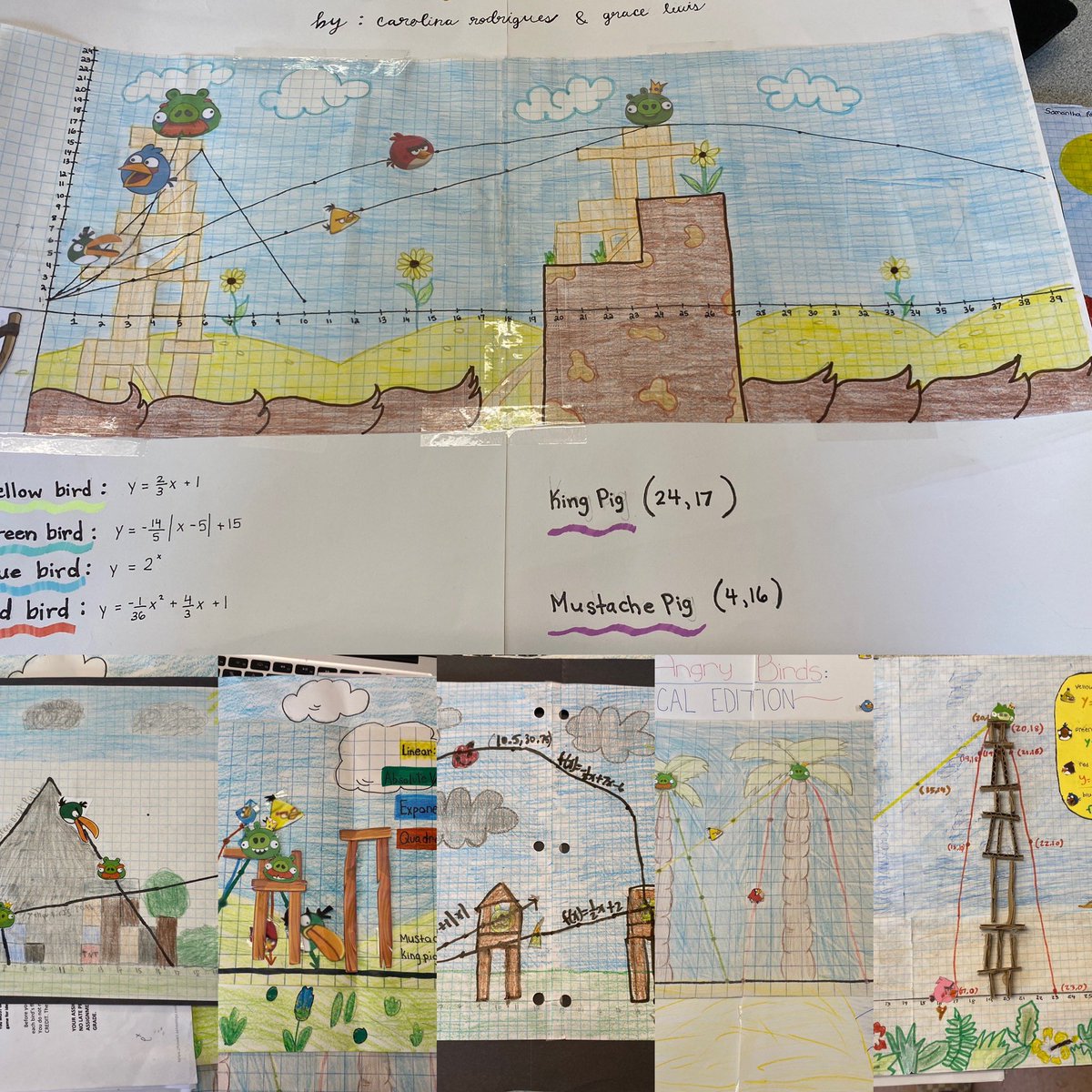 mmatuch1's tweet photo. How do you graphing Linear, Absolute Value, Exponential and Quadratic equations while creating an Angry Birds scene? Ask these students! Wrapping up a year of graphing while showing creativity. Fantastic job! https://t.co/XyOwefnmfE