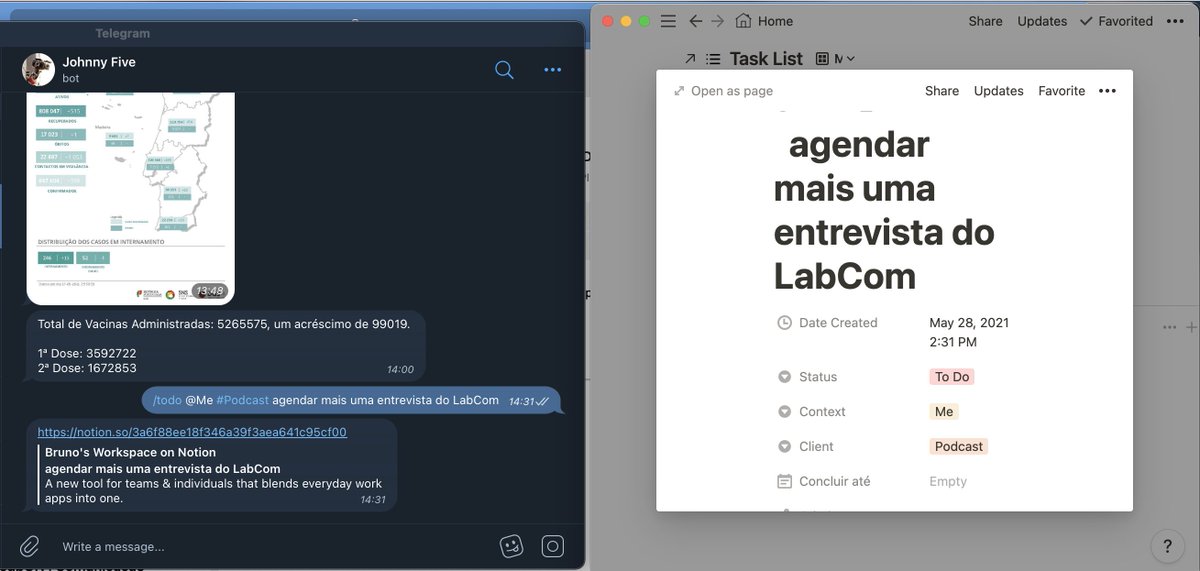 brunoamaral's tweet image. Vem aí extreme geekness. 
O @NotionHQ agora tem uma API, e no @Telegram eu já tinha um bot que me ajuda a receber informação de várias fontes. 
Acrescentei-lhe um comando /todo que me permite criar tarefas no Notion