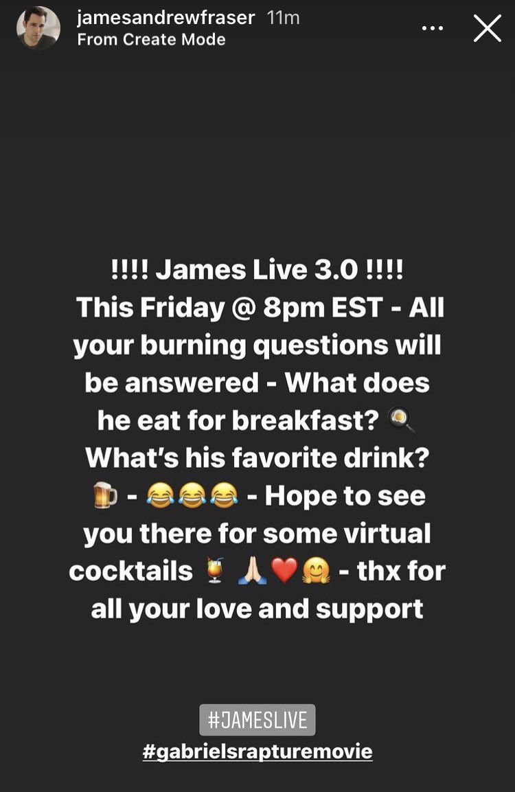 GabrielSeriesFP's tweet photo. 📣🐰Calling all #TeamPaul fans. @jamandrewfraser aka Paul Norris will have a live Q&A tonight #Friday, #May28th at 8PM EST NYT on Instagram. Don’t miss it. #JAMESLIVE
#GabrielsRaptureMovie directed by @ToscaMusk.
Screenplay by @MaryPocrnic.
#GabrielsRapture by @sylvainreynard. https://t.co/6NW0LYvhB1