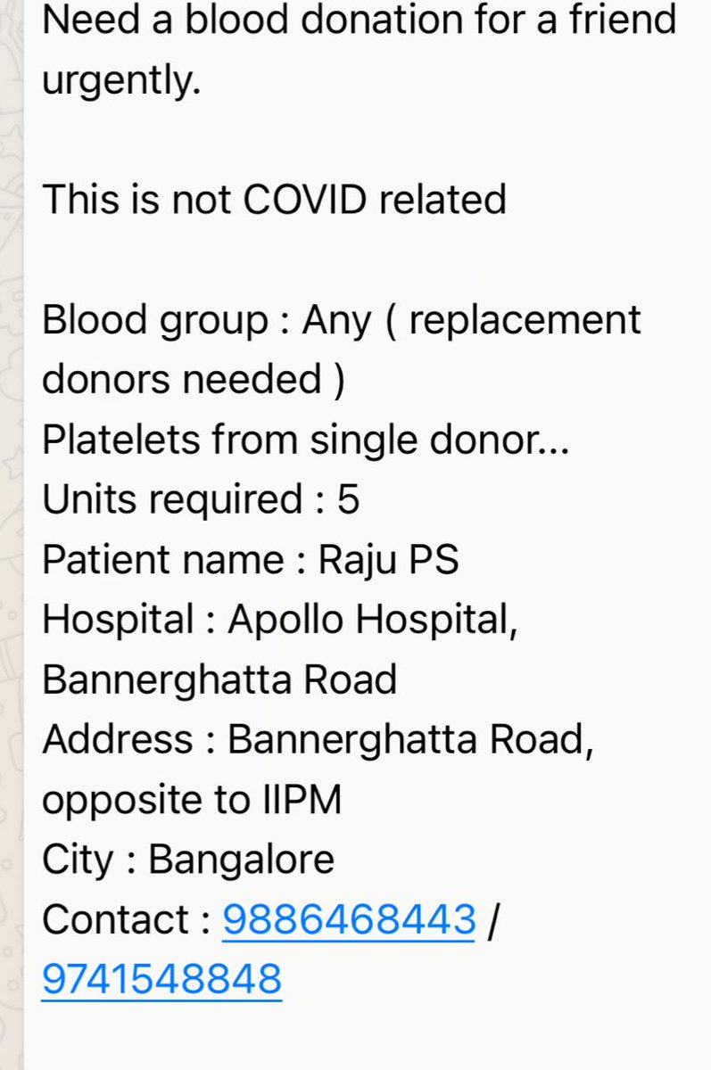Calling blood donor  
Raju PS 37 any group
Hosp Apollo bngta Blr
Need 5U 
9886468443, 97415548848
<a href="/BloodAid/">BloodAid</a>
 <a href="/BloodDonorsIn/">Blood Donors India</a>
<a href="/BloodAid/">BloodAid</a>
 <a href="/NeedBloodBlr/">Need Blood Bangalore</a>
 <a href="/TeamSOSIndia/">Team S.O.S India</a>
 <a href="/mercymission1/">MercymissionIndia</a>
 <a href="/Bloodhelpline/">Bloodhelpline</a>
 <a href="/OnlineBlooDonor/">OnlineBloodDonors🇮🇳 🙏🏽</a>
 <a href="/WeAreBangalore/">We Are #Bangaluru</a>
 <a href="/ELister_social/">ELister - Blood Donors 🇮🇳</a>
 <a href="/SoodFoundation/">Sood Charity Foundation</a>
