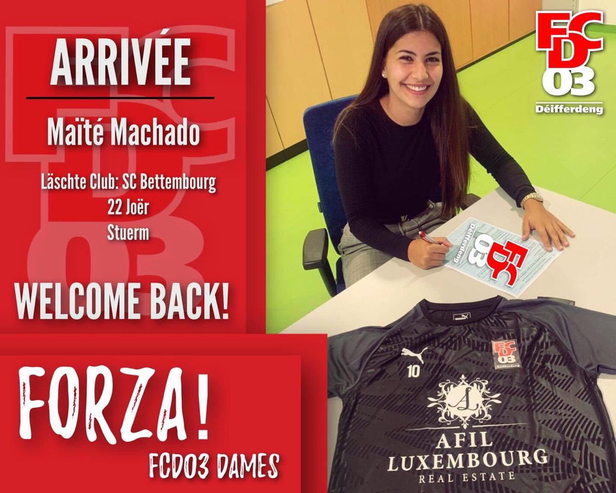 FCDeifferdeng's tweet photo. 🤝✅❗️DAMES
Le recrutement se poursuit au #FCD03 avec le retour à la maison de Maïté Machado 😃
WELCOME BACK ! ❤️🖤
#FootFeminin #Luxembourg https://t.co/dlHJANarbI