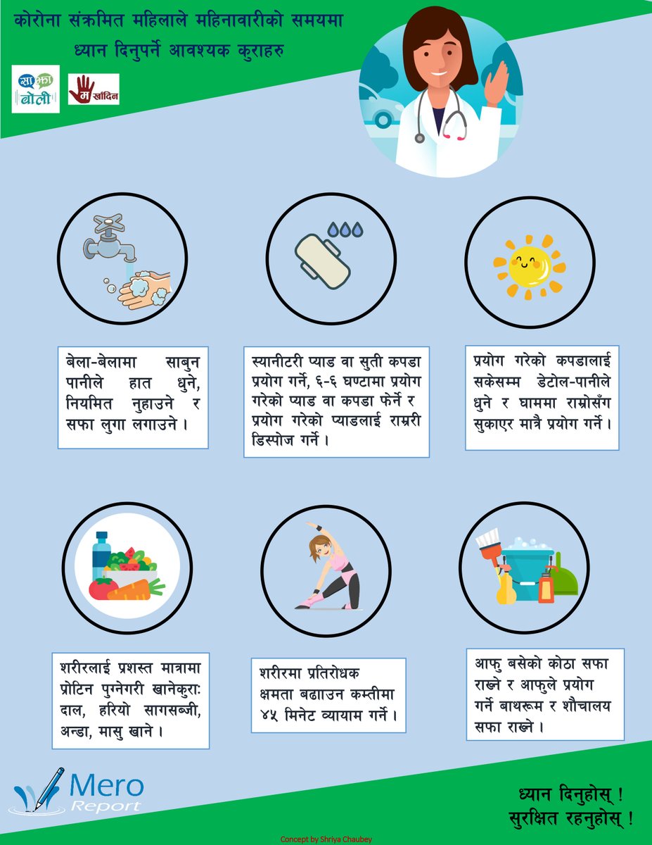 meroreport's tweet photo. जहिले पनि महिनावारी हुँदा सरसफाई र स्वच्छता चाहिन्छ नै ! अझ कोरोना संक्रमित महिलाले महिनावारीको समय पोषण र सरसफाईमा विशेष ध्यान दिनुपर्छ ! https://t.co/CDJvDHnMQP