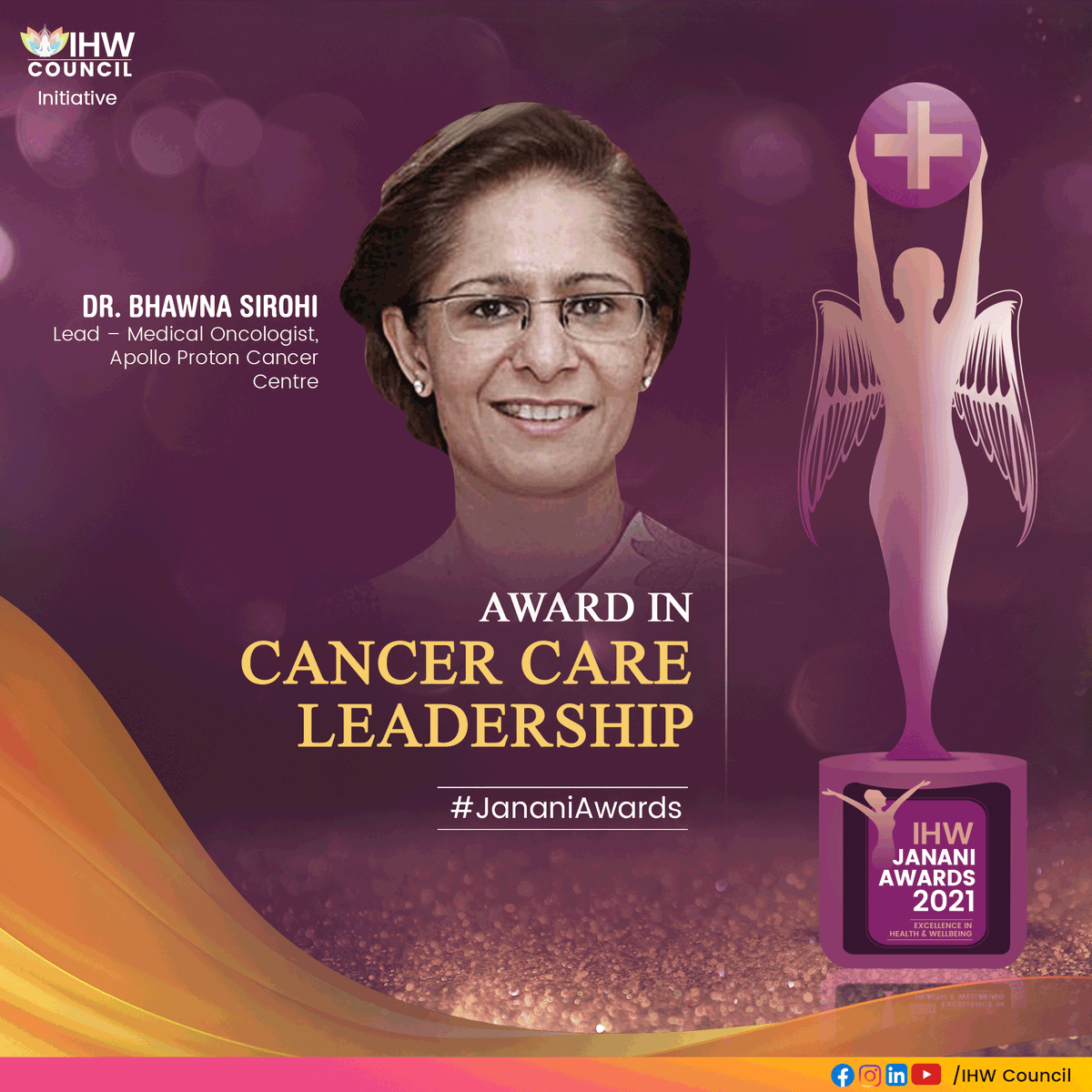 IHWCouncil's tweet photo. Dr Bhawna Sirohi, Lead – Medical Oncologist, @ApolloProton, has worked on various levels of cancer awareness in villages and semi-urban areas! We're proud to present #JananiAward to this leading light of healthcare in Cancer Care Leadership Category!
@SirohiBhawna https://t.co/KBWrNpWCeb