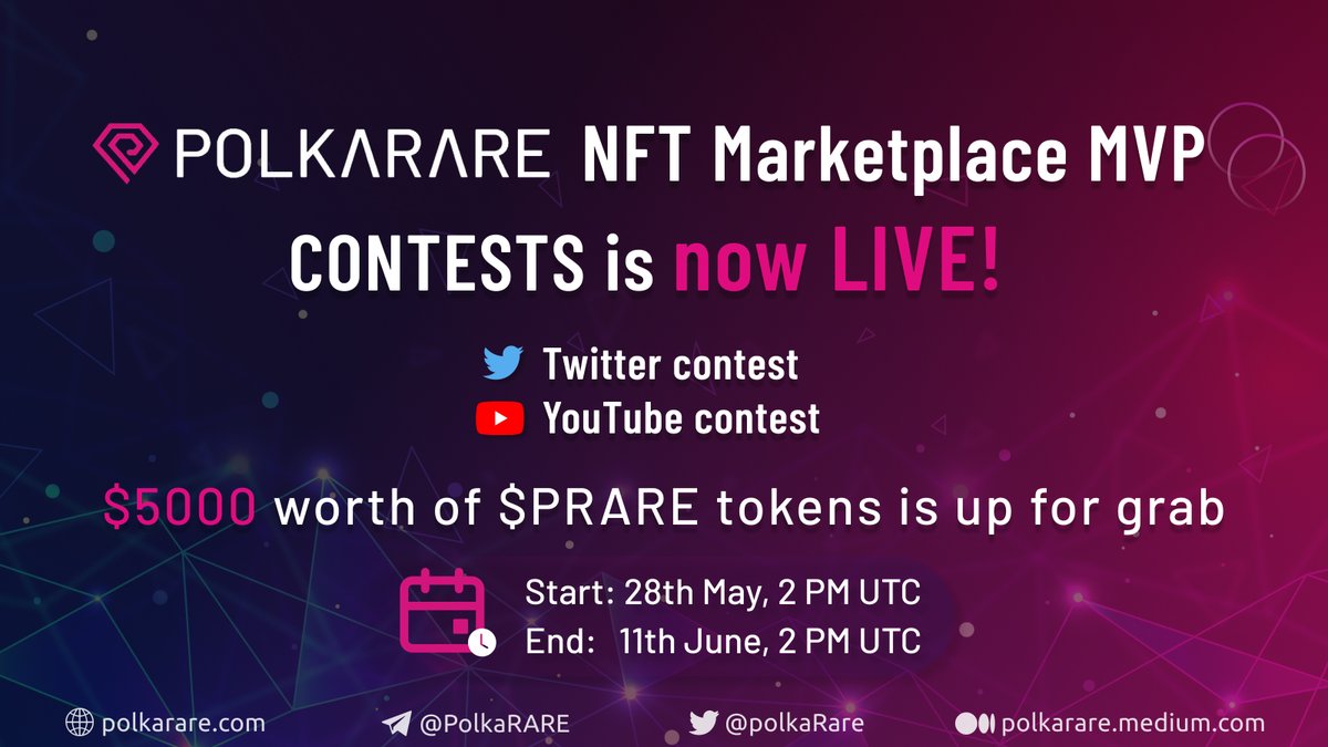 PolkaRare's tweet photo. 🚀PolkaRare Marketplace MVP Contest is now LIVE for next 14 days, where you can win a share of $5,000 in $PRARE

✅Twitter tweet contest
✅YouTube video contest

Ends at : 11 June, 2PM UTC

How to participate: https://t.co/ZmJasa9xec

👥 About PolkaRare — https://t.co/wl3vnI5ohj https://t.co/9L0frlwKN9