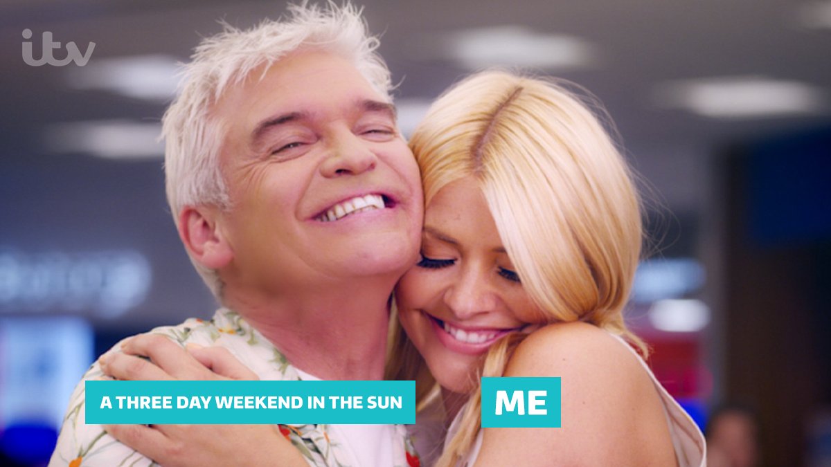 ITV's tweet photo. Sun, my old friend… where have you been hiding?! 😍 #BankHolidayWeekend

@Schofe @hollywills https://t.co/2AT7zpHqdl