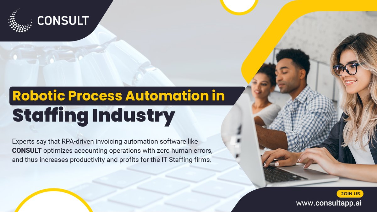 The role of RPA in the IT staffing firms' accounting processes in 2021 : consultapp.ai/pricing

#invoiceautomation #automationsolutions #invoicingsoftware #invoicingapp #atkku #consult #payrollsoftware #quickbooksonline #itstaffing #accountsreceivables