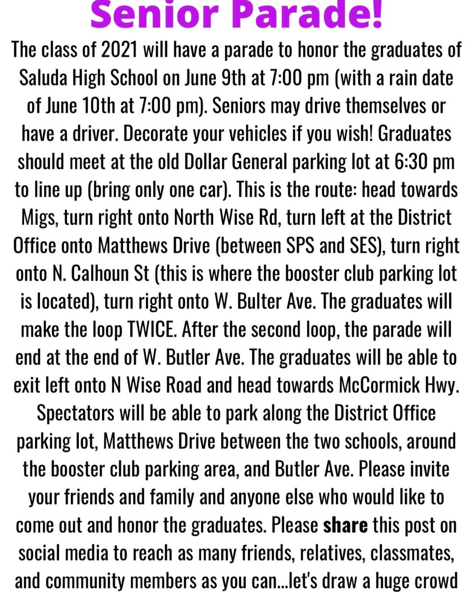 Saluda HS Counselors (@saludacounselor) on Twitter photo IMPORTANT INFORMATION for the #ClassOf2021 parade, taking place in town on Wednesday, June 9th at 7pm. To our #OneSaluda community, please do what you can to come out & celebrate our <a href="/SaludaHigh/">Saluda High School</a> graduates! #SHSTigerPride IMPORTANT INFORMATION for the #ClassOf2021 parade, taking place in town on Wednesday, June 9th at 7pm. To our #OneSaluda community, please do what you can to come out & celebrate our <a href="/SaludaHigh/">Saluda High School</a> graduates! #SHSTigerPride