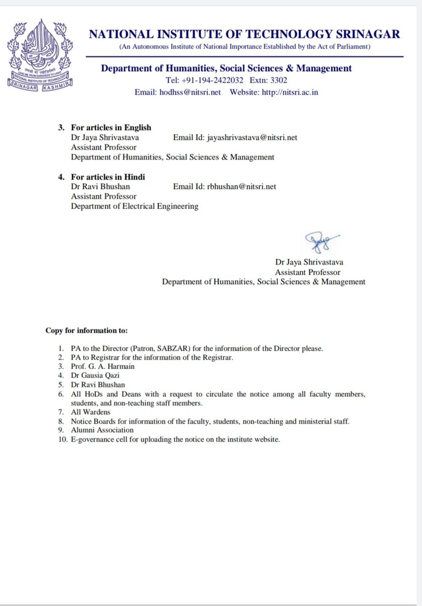 nitsriofficial's tweet photo. Call for #Magazine Articles
@nitsriofficial is going to publish the 2020-21
issue of Institute Magazine, #SABZAR which will have sections in #English, #Hindi #Urdu
& #Kashmiri
Contributors can submit their enteries through below link
https://t.co/ls6TEoP9c3
@DrRPNishank https://t.co/S6EiAPwSZj