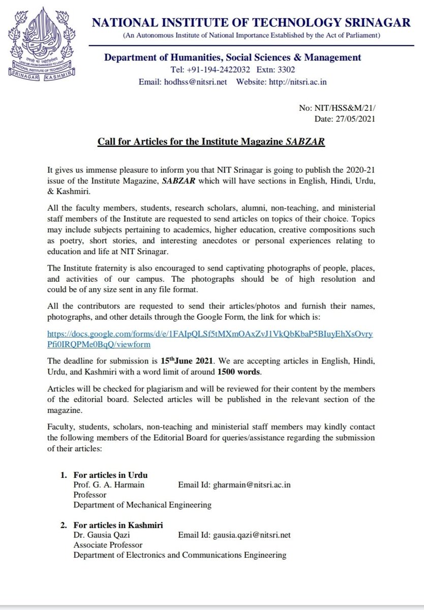 nitsriofficial's tweet photo. Call for #Magazine Articles
@nitsriofficial is going to publish the 2020-21
issue of Institute Magazine, #SABZAR which will have sections in #English, #Hindi #Urdu
& #Kashmiri
Contributors can submit their enteries through below link
https://t.co/ls6TEoP9c3
@DrRPNishank https://t.co/S6EiAPwSZj