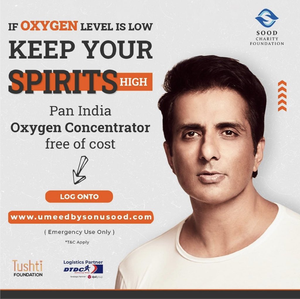 filmfare's tweet image. Actor #SonuSood asks those in need to register on umeedbysonusood.com to get free oxygen concentrators for emergency use.