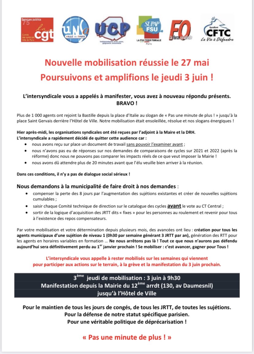 leparisiendu92's tweet photo. Nouvel appel à la mobilisation pour le jeudi 03 juin. NON, les agents de la ville de Paris ne doivent pas faire « UNE MINUTE PLUS ». #pasuneminutedeplus #UNSA #UnsaAp https://t.co/uiXp0zCT9C