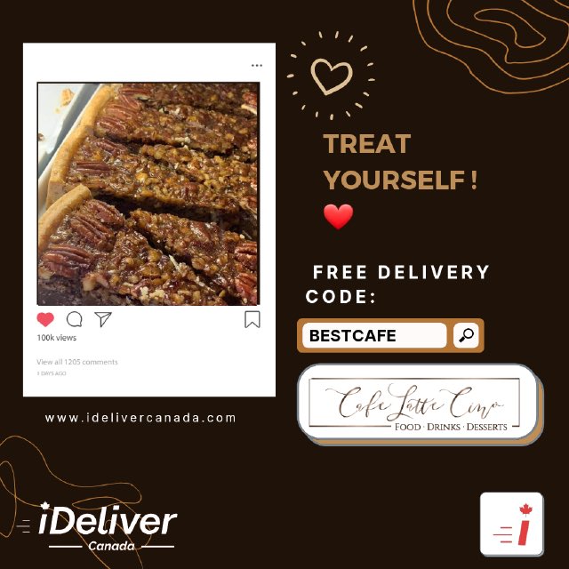 WE HAVE ANOTHER ONE!! 
The people over at IDeliver Canada just really like us at Café Latte Cino! 
Free delivery code is “bestcafé” 
Use it for coffee, drinks, desserts, breakfast, lunch, gelato and pretty much anything else 🙌