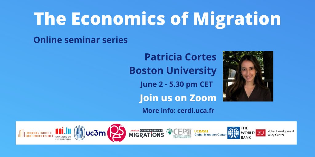 cerdi (@cerdi) on Twitter photo Webinar: The Economics of #Migration.
On June 2, 5.30 pm (CET): <a href="/cortespatico/">Patricia Cortes</a> (<a href="/GDP_Center/">Boston University Global Development Policy Center</a>) will present "#LaborMarket Nationalization Policies and Exporting Firm Outcomes", with Semiray Kasoolu and <a href="/carolina_ines_p/">Dr. Carolina Pan</a>. #SaudiArabia #econmig
Register: bit.ly/3ftaJB9 Webinar: The Economics of #Migration.
On June 2, 5.30 pm (CET): <a href="/cortespatico/">Patricia Cortes</a> (<a href="/GDP_Center/">Boston University Global Development Policy Center</a>) will present "#LaborMarket Nationalization Policies and Exporting Firm Outcomes", with Semiray Kasoolu and <a href="/carolina_ines_p/">Dr. Carolina Pan</a>. #SaudiArabia #econmig
Register: bit.ly/3ftaJB9