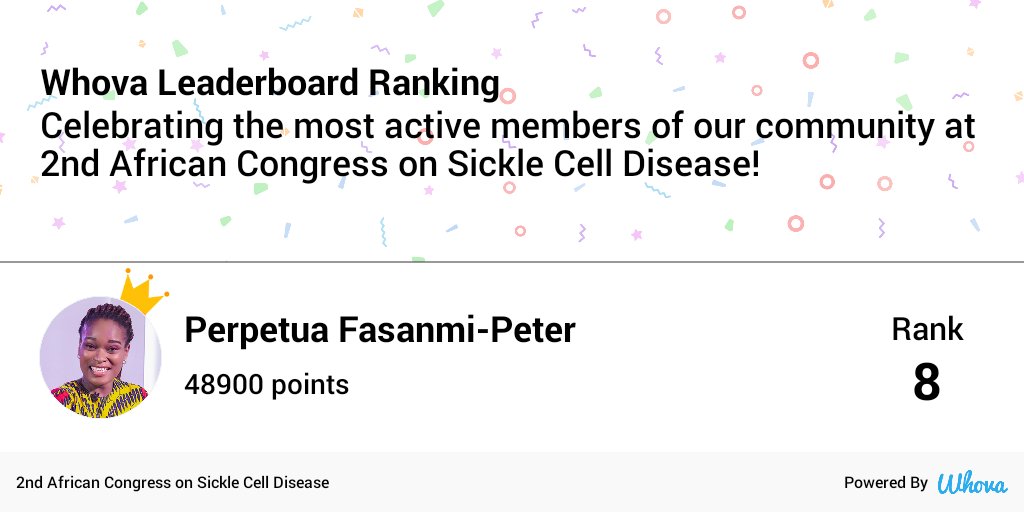I made it! #8 on the leaderboard at <a href="/ACSCD_Conf/">African Congress On Sickle Cell Disease</a>, ACSCD2021 via Whova event app whova.com/whova-event-ap…
#acscd2021