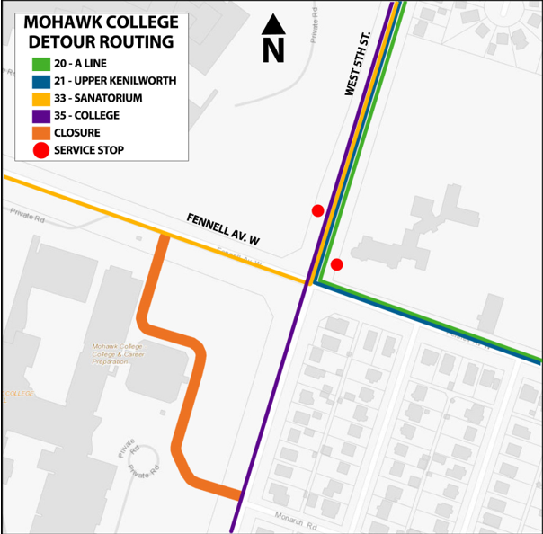 hsr's tweet photo. #HSRAlert: #HSR20 #HSR21 #HSR33 #HSR35 will be on detour starting Monday, May 31 at 7am until June 7 in the Mohawk College Terminal area due to construction. Details: https://t.co/Tcy40cLBCP https://t.co/tManTwUw2j