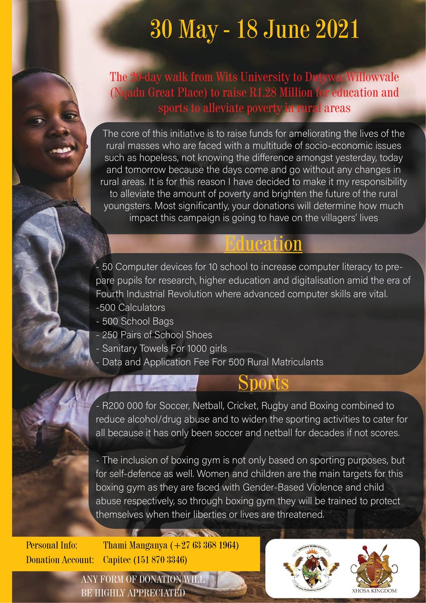 thami_manganya's tweet photo. Hello everyone, this is Thami at Wits University. I am having the initiative to walk from Wits to Dutywa to raise funds for education and sports in rural areas. To make this happen I'd need to be assisted with a car to escort me for safety purposes, &amp; to carry all the goods https://t.co/ppl29AJaDc