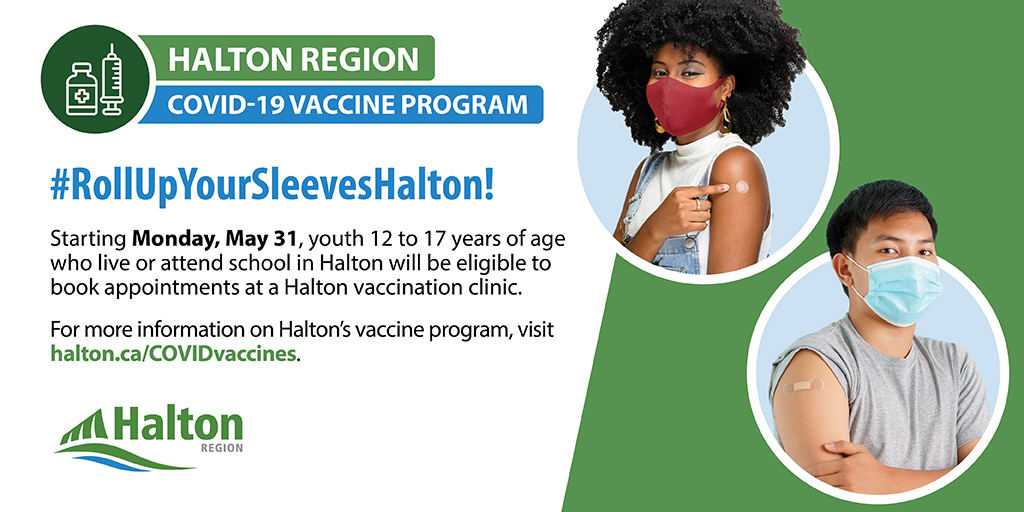(1/4) #RollUpYourSleevesHalton! Starting Monday, May 31, youth 12-17 years of age who live or attend school in #HaltonON will be able to book their #COVID19 vaccine appointment online.