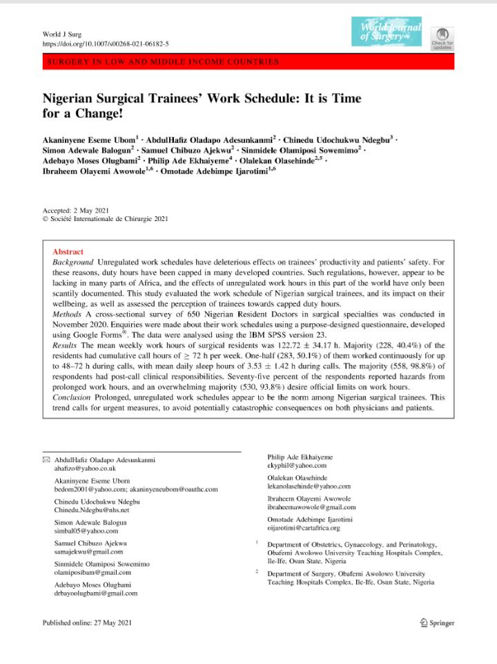 Adesunkanmifiz's tweet photo. We realised the bizarre work schedule of Surgical Trainees in Nigeria and so we documented it. https://t.co/pXQ23cjOOu